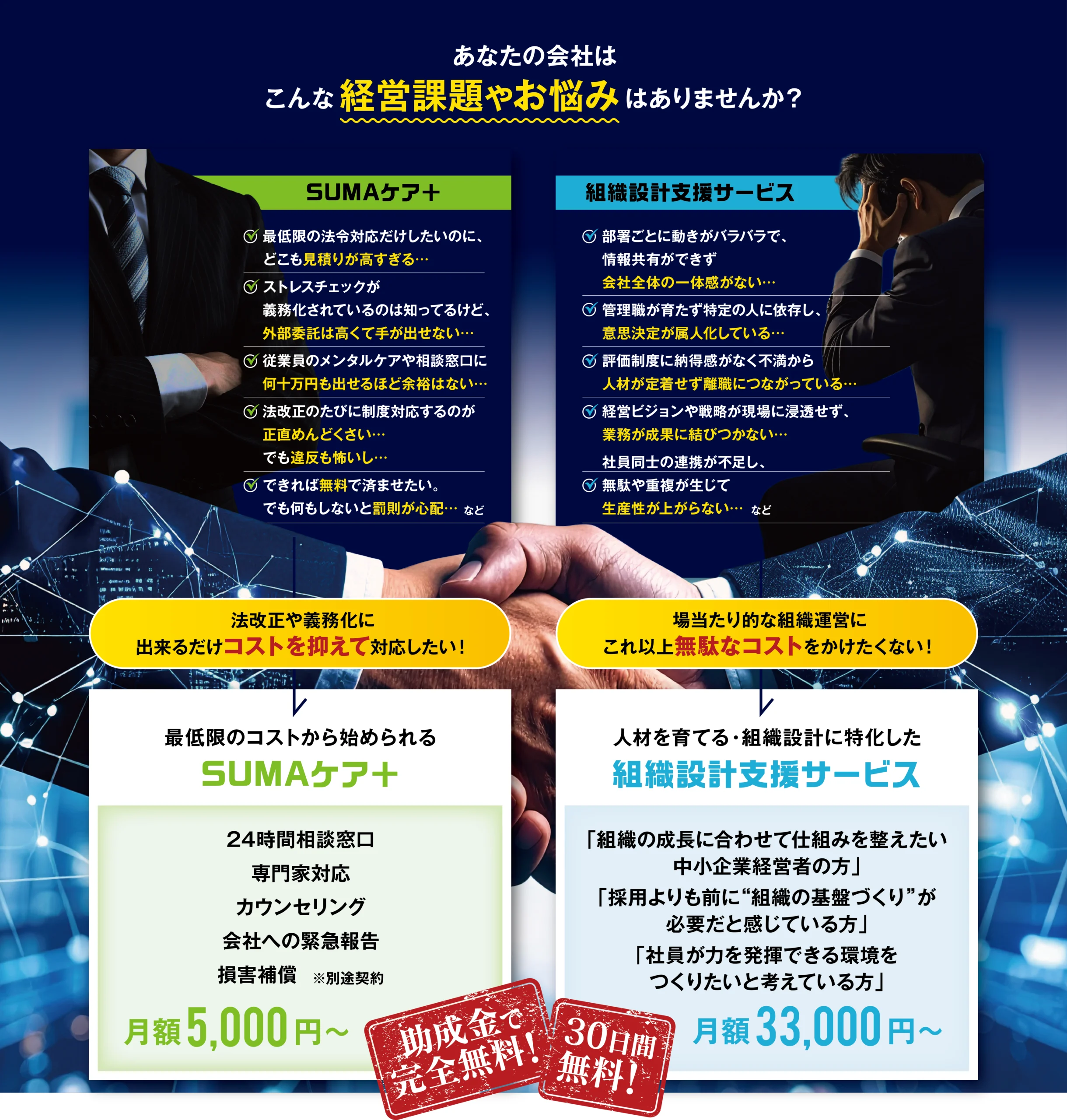 あなたの会社は こんな 経営課題やお悩み はありませんか？ SUMAケア＋ 最低限の法令対応だけしたいのに、どこも見積りが高すぎる…ストレスチェックが義務化されているのは知ってるけど、外部委託は高くて手が出せない…従業員のメンタルケアや相談窓口に何十万円も出せるほど余裕はない…法改正のたびに制度対応するのが正直めんどくさい…でも違反も怖いし…できれば無料で済ませたい。でも何もしないと罰則が心配… 組織設計支援サービス 部署ごとに動きがバラバラで、情報共有ができず会社全体の一体感がない…管理職が育たず特定の人に依存し、意思決定が属人化している…評価制度に納得感がなく不満から人材が定着せず離職につながっている…経営ビジョンや戦略が現場に浸透せず、業務が成果に結びつかない…社員同士の連携が不足し、無駄や重複が生じて生産性が上がらない…